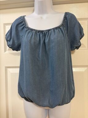 Express women's chambray off-the-shoulder blouse, with short puff sleeves